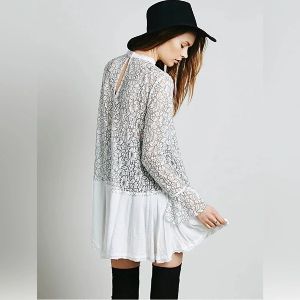 Free People Tell Tale Lace Tunic Mini Dress Ivory Black XS Boho Lace​ - Picture 7 of 7
